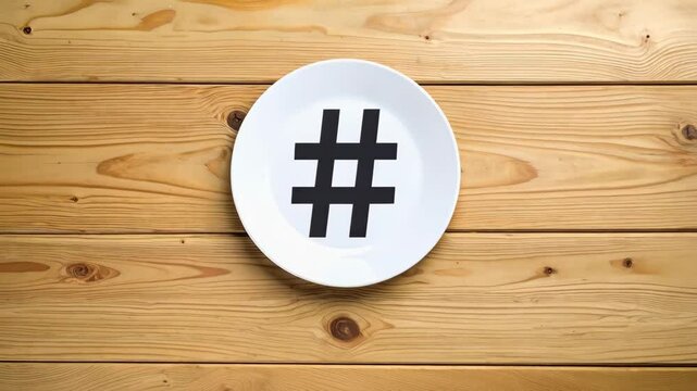 Overhead shot displaying a black hashtag symbol on a white plate against a textured wooden surface, showcasing digital communication and social media.