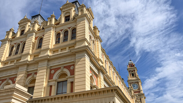 Facade of luz station in Sao Paulo city with clock tower.