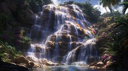 Lush waterfall cascading down a rocky, natural landscape.