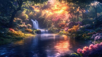 A serene waterfall cascading into a tranquil pool amidst vibrant blossoms.