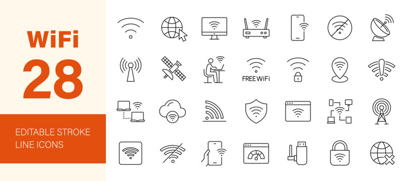 Wifi icon set. Containing online, signal, wireless, internet, computer, connect, hotspot, offline, wifi router, modem, antenna, satellite and more. Editable line icons. Vector illustration.