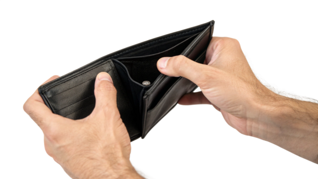 Empty black wallet in male hands isolated on transparent background