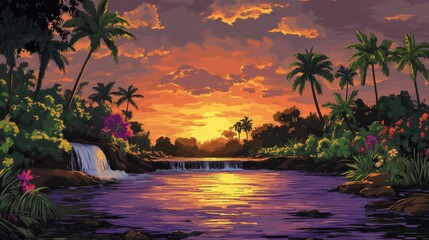Tropical sunset over a tranquil river.