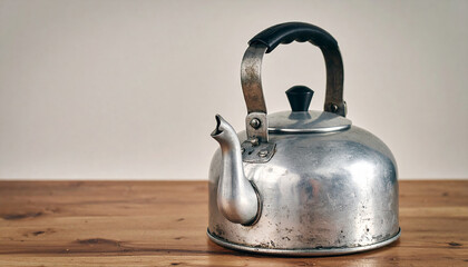 Vintage metal kettle on table. Equipment for boiling water for tea or coffee.
