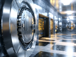 Cutting edge bank security vault featuring sleek metallic doors and polished floor, showcasing advanced technology and design. atmosphere conveys sense of safety and sophistication