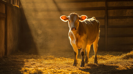 Dairy cow stands majestically in barn, illuminated by golden sunlight filtering through wooden beams. warm light creates serene atmosphere, highlighting cow gentle features and straw covered floor