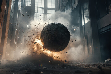 Dramatic scene depicting wrecking ball crashing through debris, creating cloud of dust and smoke in abandoned building. atmosphere is intense and chaotic, showcasing power of destruction