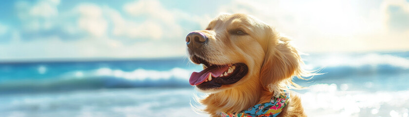 Fluffy golden retriever enjoying sunny day at beach, with vibrant bandana around its neck. dog looks happy and relaxed, surrounded by beautiful ocean waves and bright sky