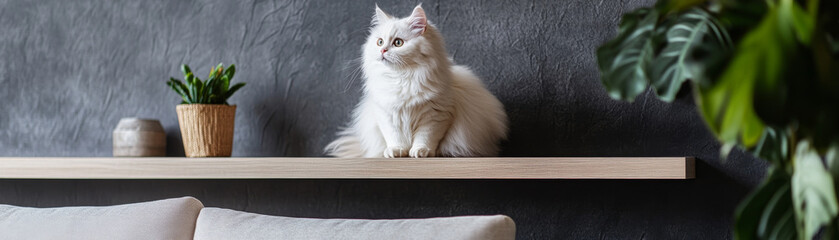 Fluffy white cat with playful expression sits on wooden shelf in modern living room, surrounded by plants and stylish decor. cat curious gaze adds charm to cozy atmosphere