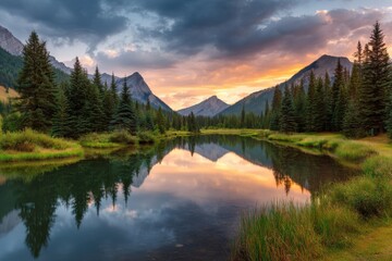 Fototapeta premium Mountain lake reflection scenic view on white background