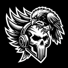 Fototapeta premium Skull with Headphones and Crow Vector Illustration