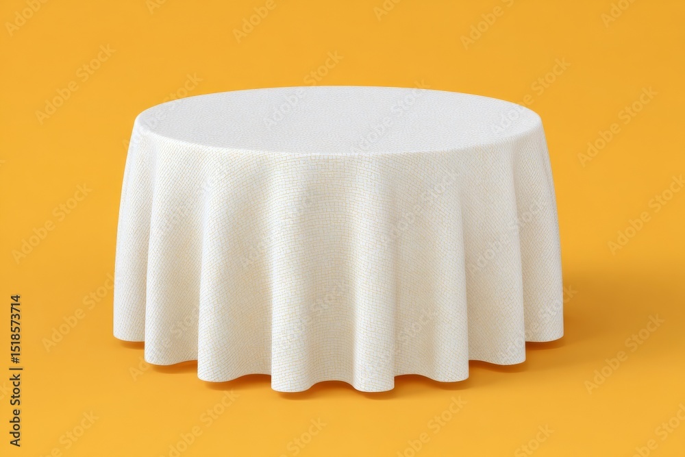 Fototapete A 3D rendering of an empty pedestal display or white dinner table set against a vibrant yellow background adorned with elegant fabric, serving as a blank stand for product presentation
