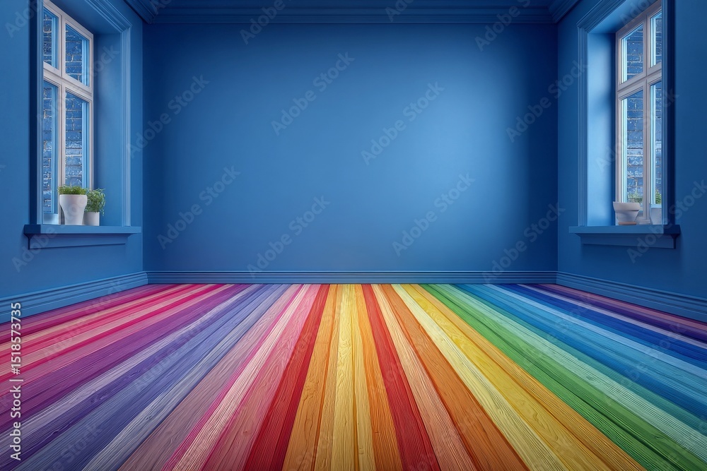 Poster the background of the scene features an abstract rainbow gradient with multi colors, a room in persp