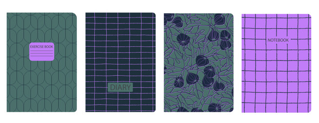 Set of cover page templates with fig tree branches and fruit. Based on seamless patterns. Headers isolated and replaceable. Perfect for school notebooks, notepads, diaries, etc
