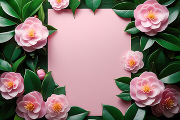 Blank pink paper surrounded by blooming camellias and lush greenery.