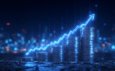 The concept of economy and growth is represented by a blue business graph, finance chart, and diagram on a 3D coin background, highlighting financial data, investment market profit, and success in