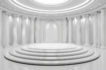 Fototapeta premium A minimalist presentation showroom display backdrop is formed by an empty white corner room with a simple interior wall design on a modern light-colored floor