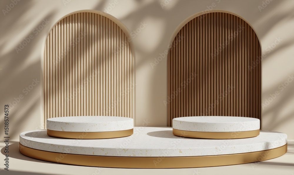 Poster the 3d display background features a wood wall product podium with an empty stand, accompanied by ab