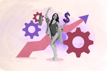 Contemporary artwork collage of happy businesswoman stand arrow development dollar capital progress gearwheel settings earnings