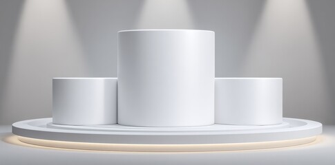 A minimalist white podium on a 3D stage serves as a product display presentation background illuminated by a spotlight beam on a pedestal platform with studio lighting, ideal for modern advertising