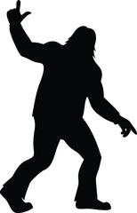 Silhouette of a Cryptid Creature with an Upraised Hand and Long Hair Possibly Bigfoot or Sasquatch Isolated on a White Background Mysterious and