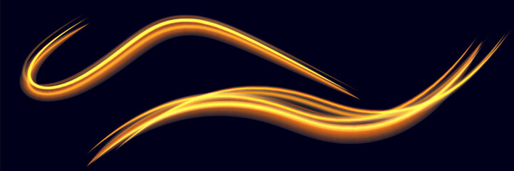 Set of light speed motion effect. Gold or yellow color spiral glow effect on dark background. Sunlight special lens flare light effect. Vector illustration