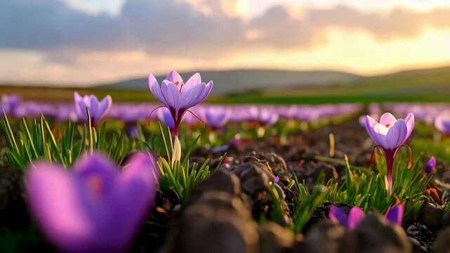 Blooming purple saffron flowers in a cultivated field under a bright sunset sky casting a warm glow over the horizon