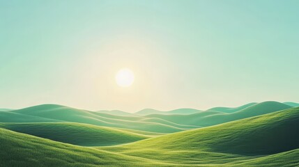 Fototapeta premium Bright sun over rolling green hills in a naive art style background with ample space for text or design purposes. Generative AI