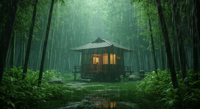 Cottage in a tranquil bamboo forest during rainy weather small traditional japanese tea house in the forest, lush greenery, subdued lighting, heavy rain video