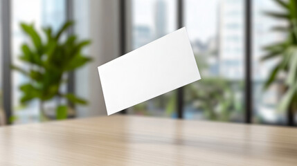 Floating blank business card above wooden desk in modern office  