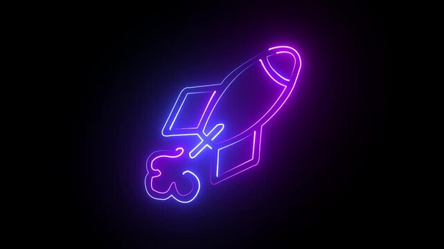 glowing neon simple rocket icon animation rocket video. on black background.