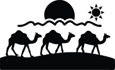 Desert Camels Walking at Sunset Silhouette Vector Art