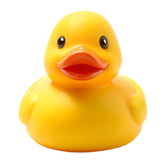 A cheerful rubber duck toy with a bright yellow body and orange beak set against black