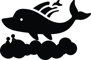 Obraz premium Flying Whale Above Clouds Silhouette Vector Art