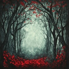 A misty forest path lined with red leaves.