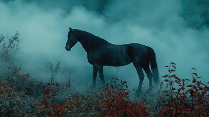 A solitary horse stands amidst a misty landscape.