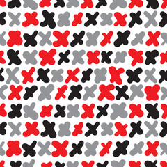Scribbled crosses pattern repeating background. Hand drawn letter X surface vector design in black, gray, red and white.