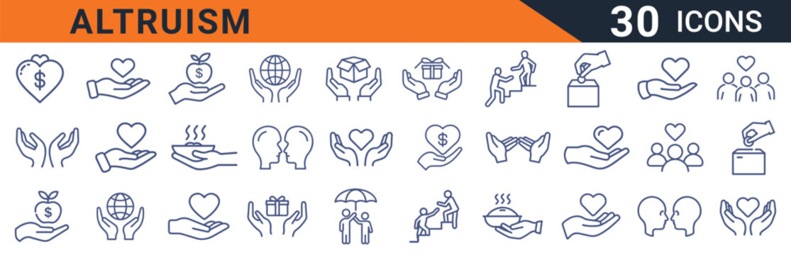 Naklejki  Altruism and Charity Icons Set in Line Style. Collection of Donation, Help, and Giving Linear Icons, Including Heart, Hand, Money, Care, and more. Editable Stroke Vector Illustration