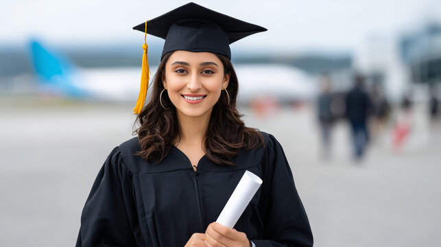 Student studying Abroad with Scholarships and Support. Confident Graduate Ready for International Education. Graduate student in Cap and Gown.	