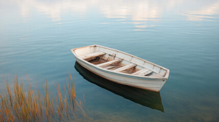 Naklejka premium Abandoned wooden rowboat half-submerged in peaceful lake water 