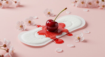 Creative menstrual concept with cherry and red liquid on white sanitary pad, surrounded by pink sakura flowers on pastel background