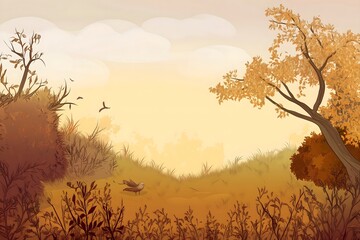 Stylized autumn landscape frame with trees, hills, and a large white copy space