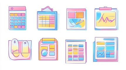 Linear vector isolated illustration set of visual data representation. Tax application form, online map and infographics, personal data protection, financial banking information, calendar planning. i