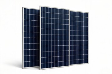 Three solar panels stand side by side against a stark white background, showcasing their sleek design and efficient solar cells.
