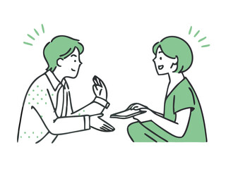 Initial effect: Illustration of a business person shaking hands with a good first impression. A young man and a middle-aged man in suits shaking hands.