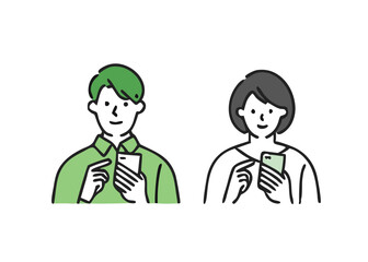 A simple vector illustration of a young man and woman using mobile on a smartphone. Smartphone payment, apps, SNS, cashless, cashless, online shopping. 