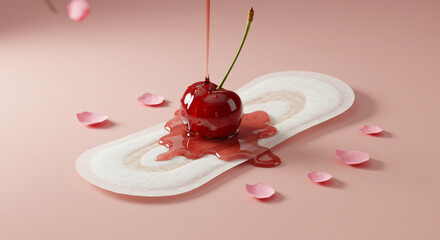 Conceptual image of menstruation using cherry dripping red juice on clean sanitary pad, symbolizing female cycle and period blood