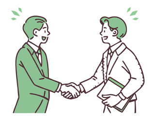 Initial effect: Illustration of a business person shaking hands with a good first impression. A young man and a middle-aged man in suits shaking hands.