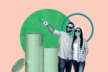 Composite 3D collage artwork template design of young man hugs lady sunglass summer finger point...