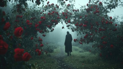 A solitary figure walks a path lined with vibrant red roses in a misty garden.